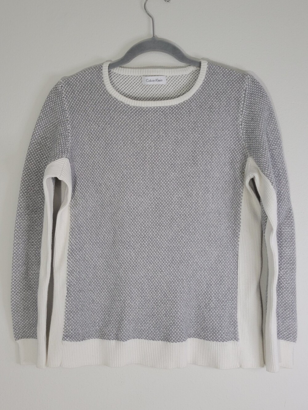 Calvin Klein Gray and White Long-Sleeve Knit Sweater